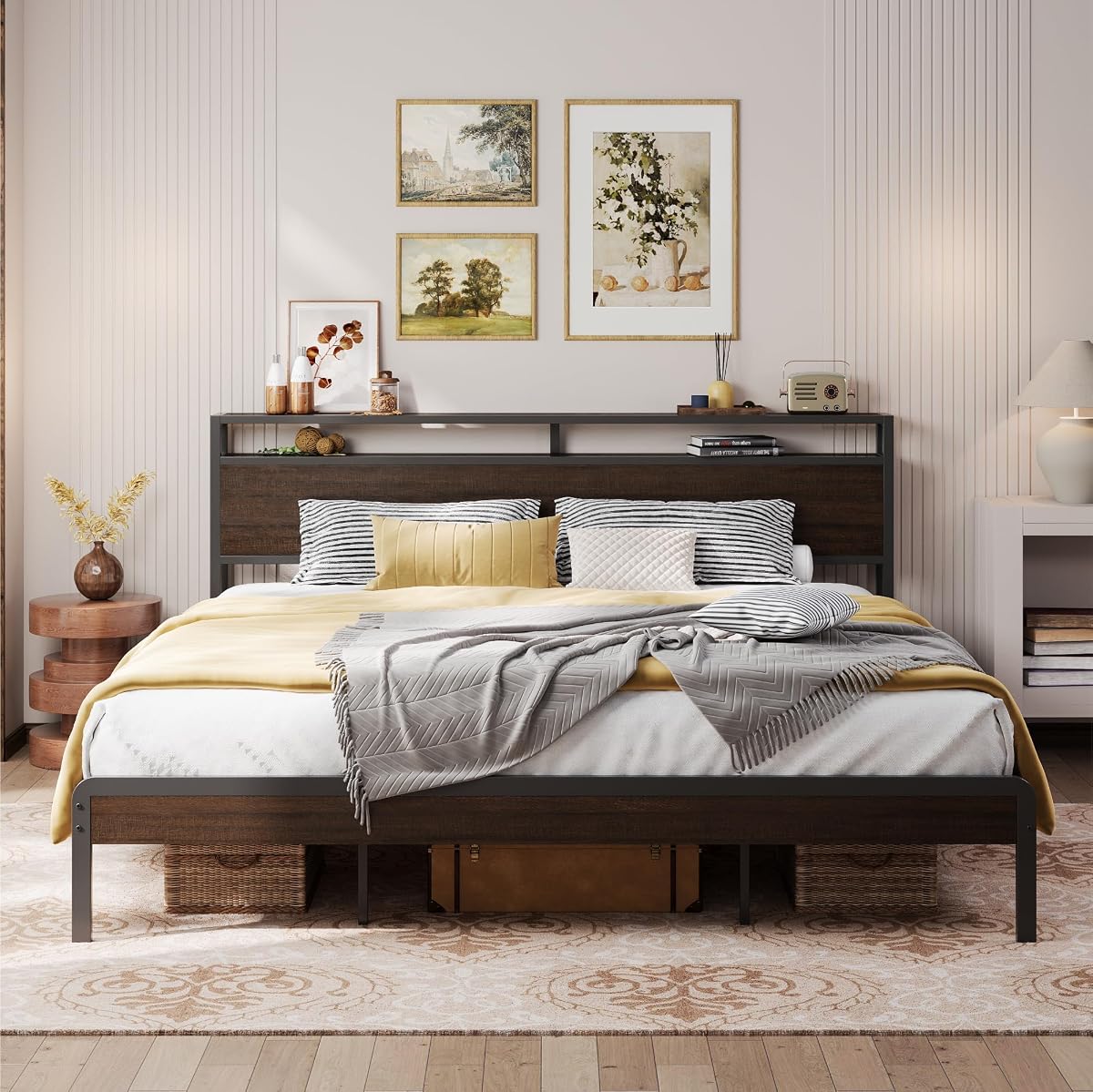 California King Bed Frames with 2-Tier Storage Shelf Headboard