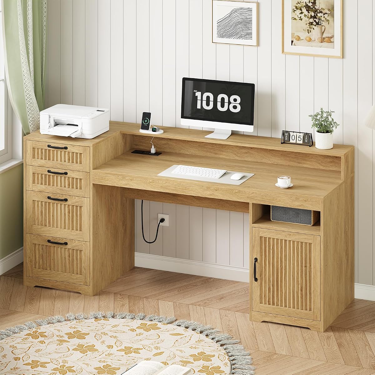 63" Fluted Computer Desk with 4 Drawers for Home Office, Bedroom