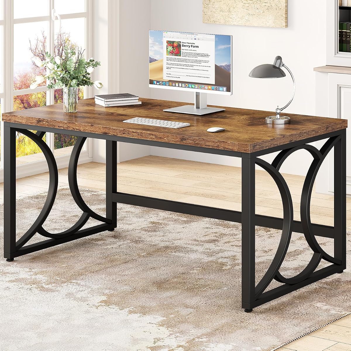 Rustic Computer Desk,55 Inch Metal Wooden Home Office Writing Desk
