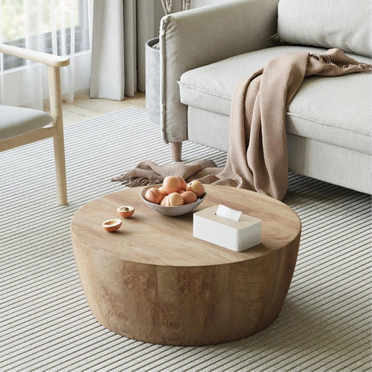Wooden Coffee Table Modern Coffee Table Rustic Center Table with Metal Leg for Living Room Reception Room Office (Wood, Round)