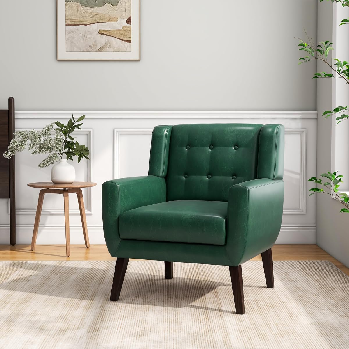 Accent Chair, Mid-Century Modern PU Leather Chairs with Arms for Living Room, Comfy Upholstered Club Single Sofa Armchair for Bedroom Waiting Room with Solid Wood Frame（Leather Green, Set of 1)