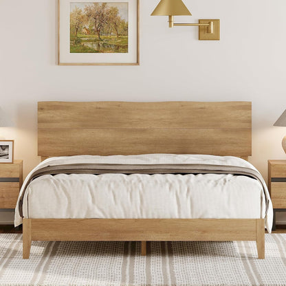 Queen Bed Frame with Wave Headboard, Solid Wood Legs, Oak