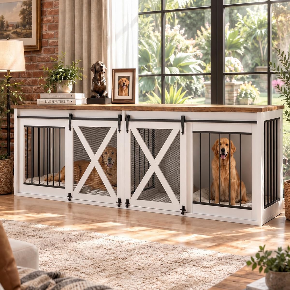 94.5in Double Dog Crate Furniture, Farmhouse Dog Kennel TV Stand, White