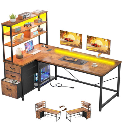 Office Desk with 3 Fabric Drawers & Shelf, Reversible L Shaped Desk Computer Desk with Remote LED Lights, Power Outlet for Home Office Desk, Corner Desk for Bedroom, Brown