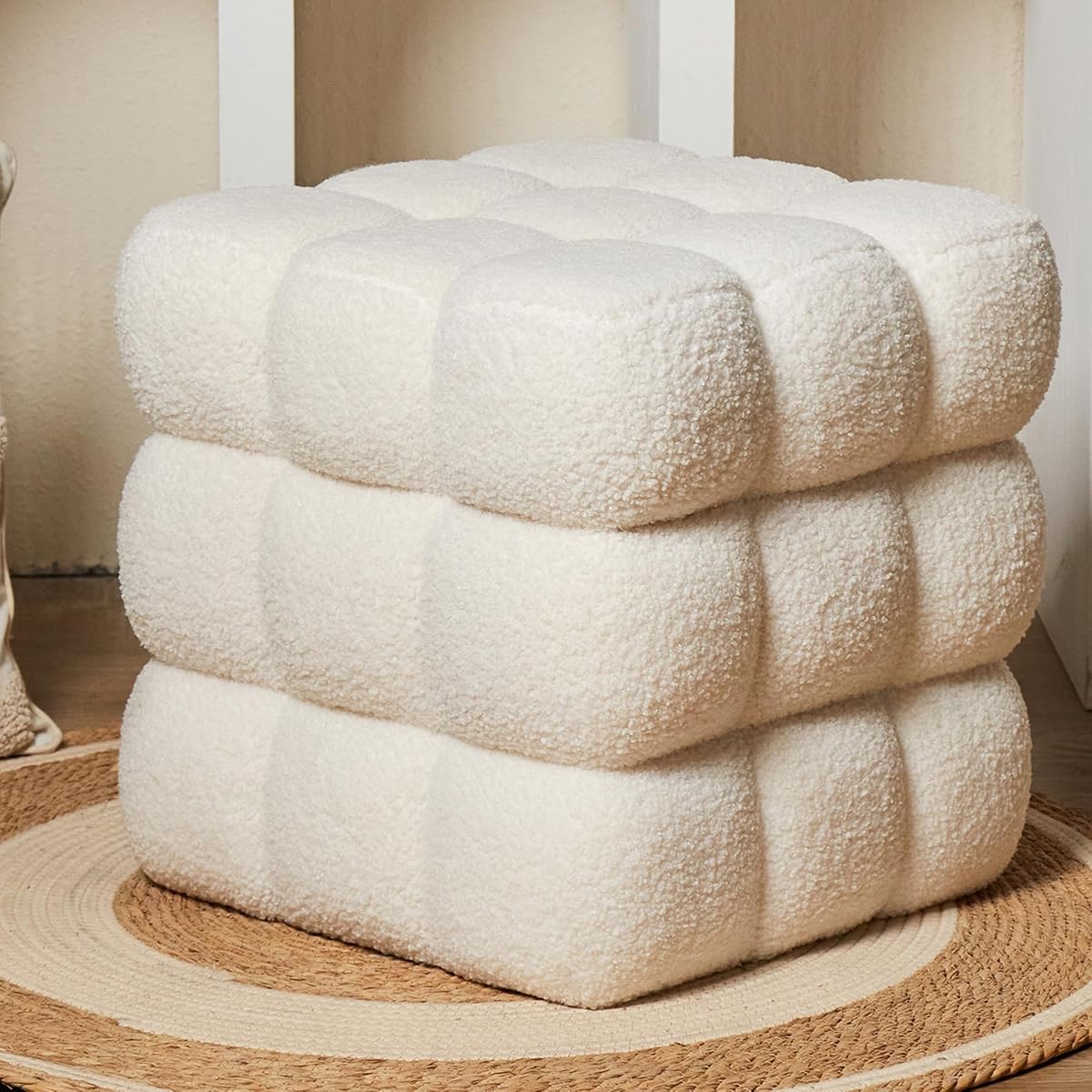White Sherpa Square Ottoman - 17.3" Large Boucle Cube Pouf with Sturdy Wood Frame, 330lbs Capacity Modern Fuzzy Vanity Stool & Footrest for Living Room, Bedroom - Fully Assembled