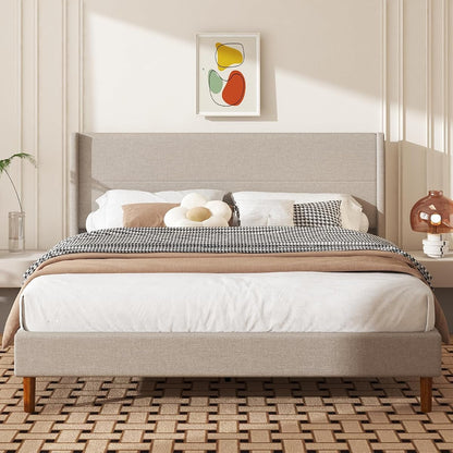 King Size Linen Platform Bed Frame with Wingback Upholstered Headboard