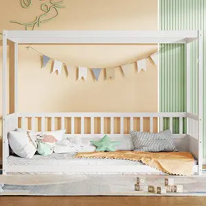 Twin Size Canopy Bed Frame with 4 Posters and Guardrails, view 2