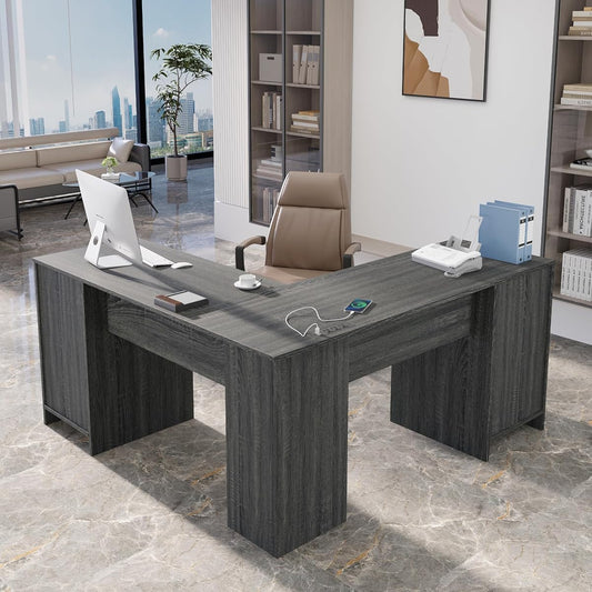 L Shaped Desk with File Cabinet, Corner Computer Desk with Storage Drawers, Large Home Office Table with Power Outlets, 60 Inch (Grey)