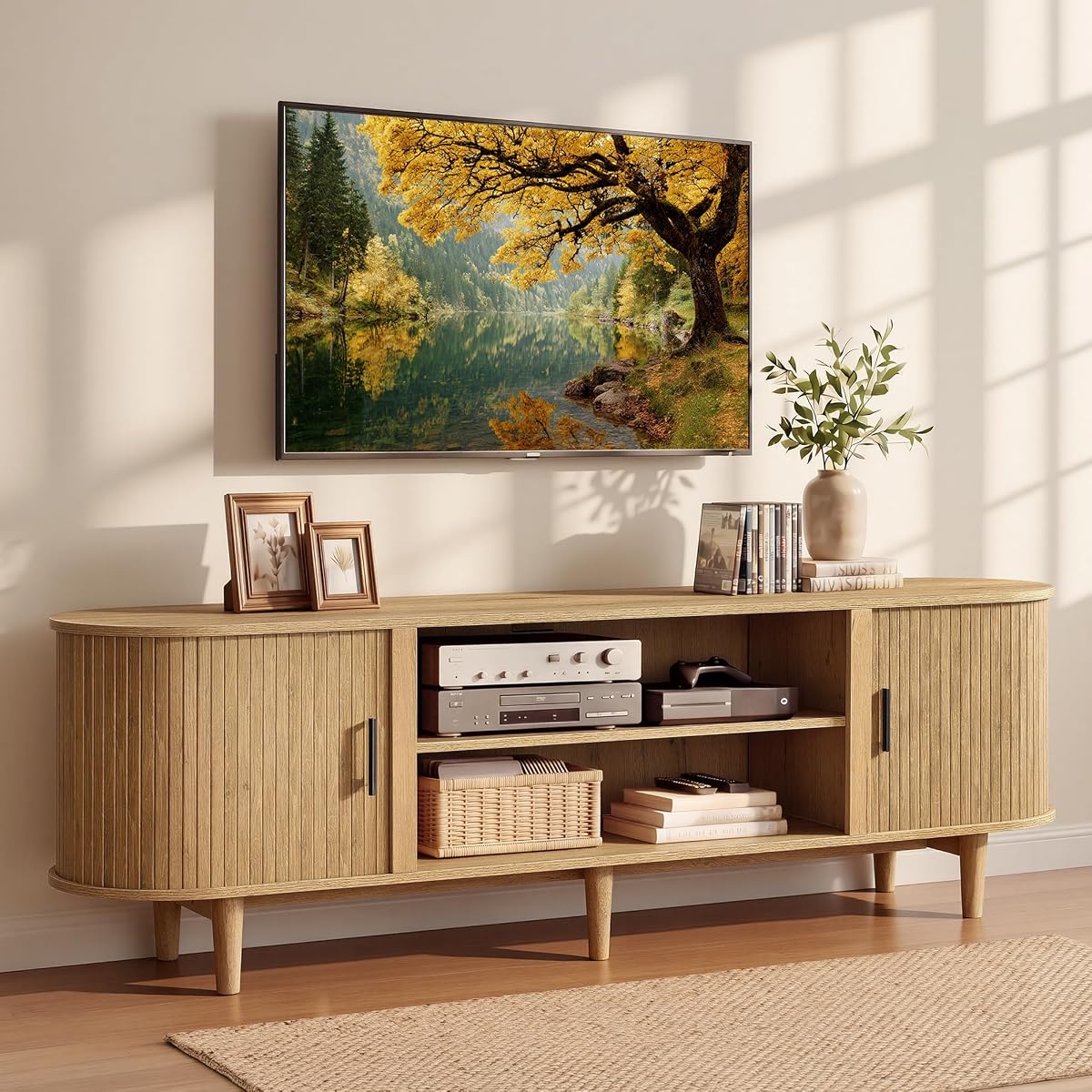 70 Inch TV Stand, Mid Century Entertainment Center with Storage