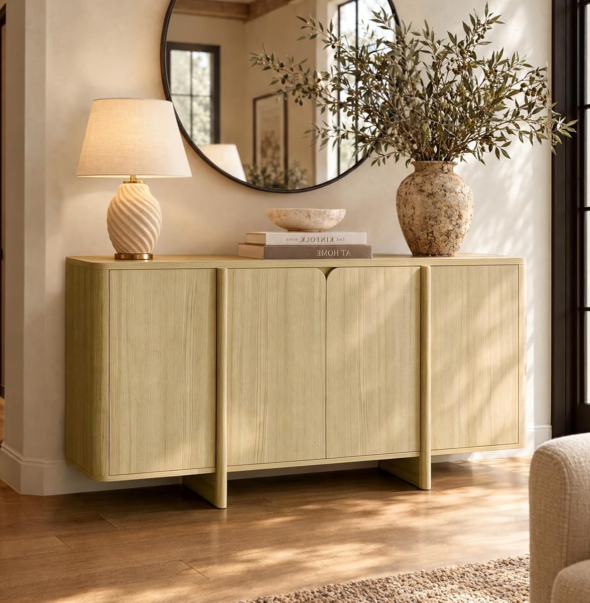 CHITA 66" Buffet Cabinet with 4 Doors & Central Vertical Panel, Light Oak