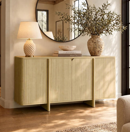 CHITA 66" Buffet Cabinet with 4 Doors & Central Vertical Panel, Light Oak