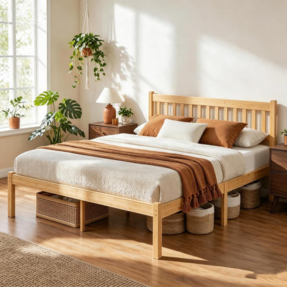 18 Inch Solid Bamboo Wood Full Bed Frame with Headboard