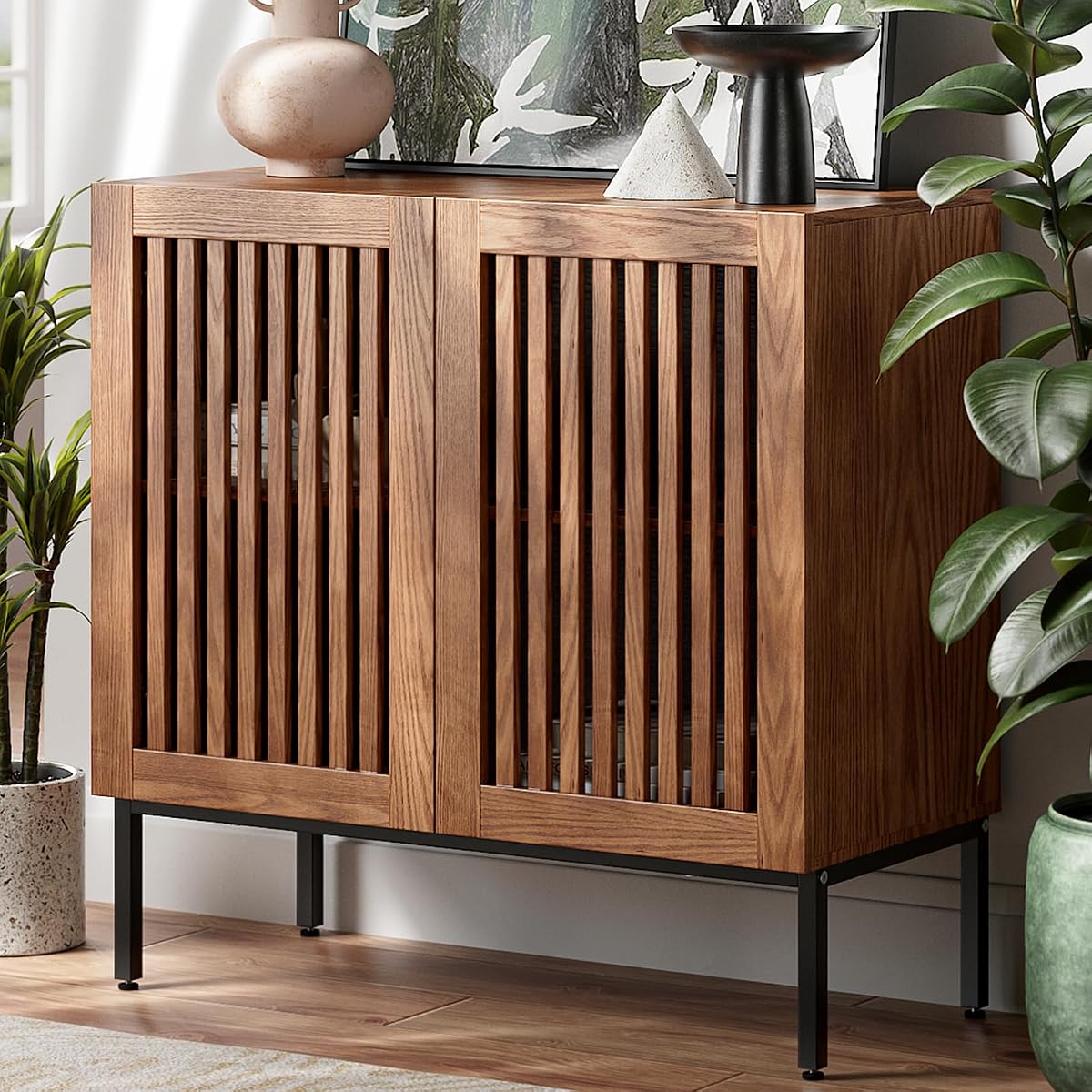 Storage Cabinet, Modern Coffee Bar with Adjustable Shelf and Metal Base