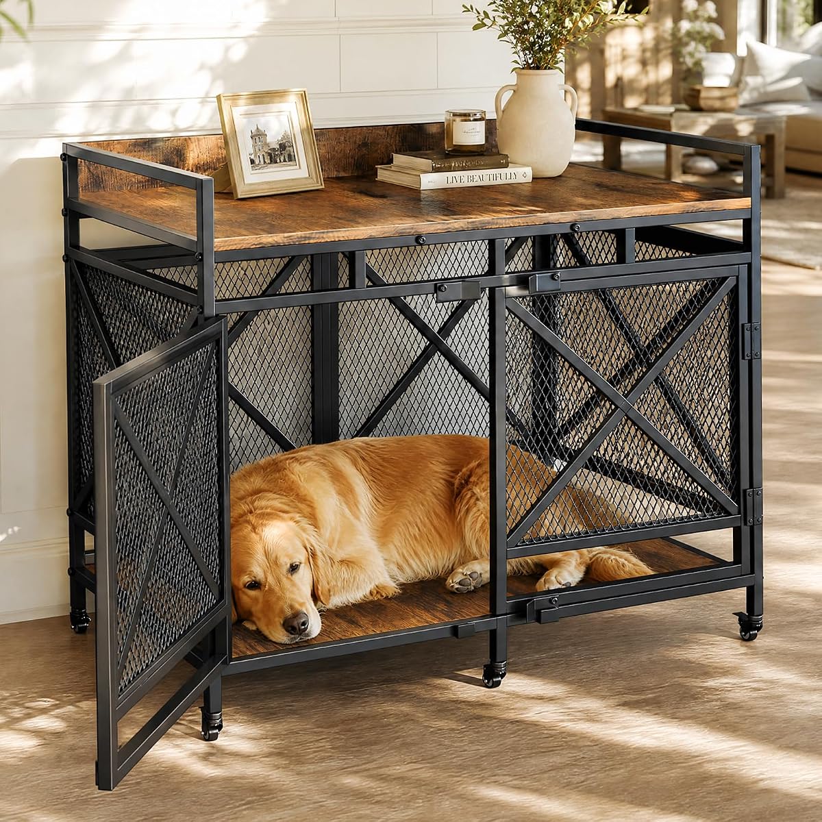 48" Dog Crate Furniture with Wheels, Brown