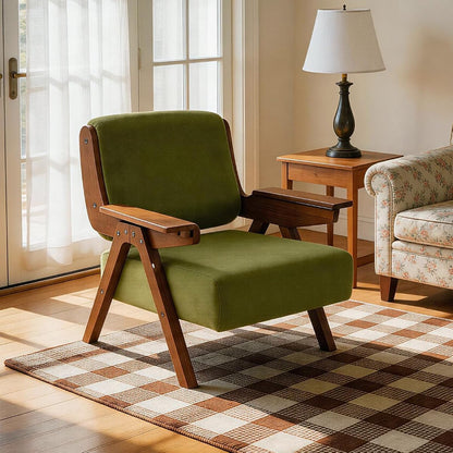 Accent Chair, Mid-Century Modern Velvet Lounge Chair with Wood Arms | Thick Cushioned Seat, Solid Wood Arms, Ergonomic Comfort for Living Rooms, Bedrooms, Reading Rooms & Reception Areas, Green