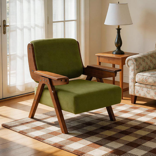 Accent Chair, Mid-Century Modern Velvet Lounge Chair with Wood Arms | Thick Cushioned Seat, Solid Wood Arms, Ergonomic Comfort for Living Rooms, Bedrooms, Reading Rooms & Reception Areas, Green