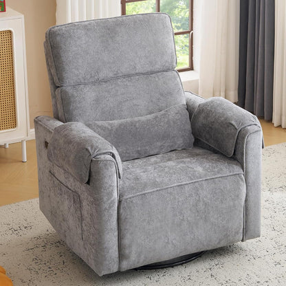 Oversized Power Recliner Chair with Adjustable Headrest, Swivel Rocking Recliner for Adults, 24" Extra Wide Glider Nursery Chair with Overstuffed Armrest for Living Room, USB Ports, Grey