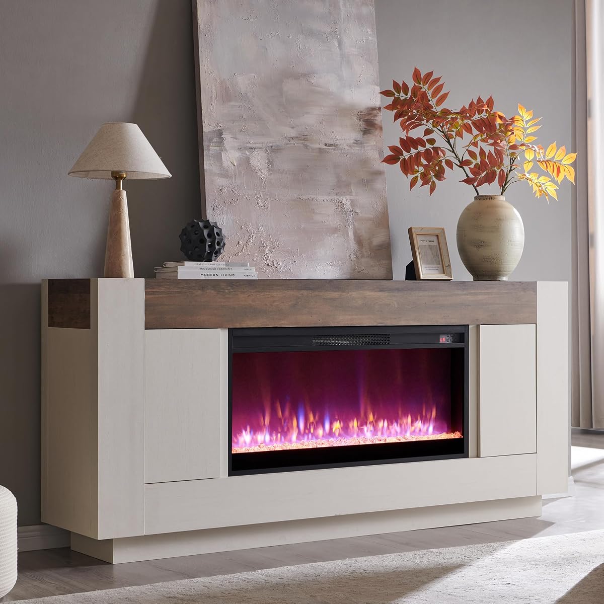 70" Fireplace TV Stand for 80" TV, Thick Block Media Console, White