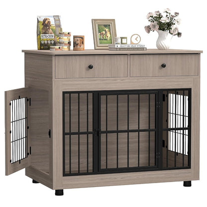 Dog Crate Furniture-Farmhouse Dog Kennel with Drawers, 40 Inch