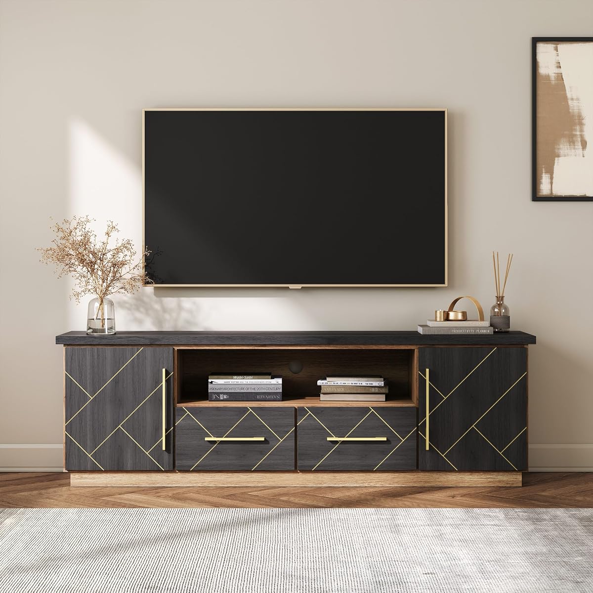 70 Inch Modern TV Stand with Gold Trim, Elegant Entertainment Center with Storage, Media Console Table with Drawers & Open Shelves for Living Room (Espresso Black)