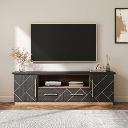70 Inch Modern TV Stand with Gold Trim, Elegant Entertainment Center with Storage, Media Console Table with Drawers & Open Shelves for Living Room (Espresso Black)