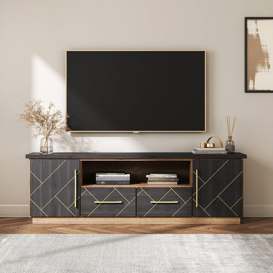 70 Inch Modern TV Stand with Gold Trim, Elegant Entertainment Center with Storage, Media Console Table with Drawers & Open Shelves for Living Room (Espresso Black)