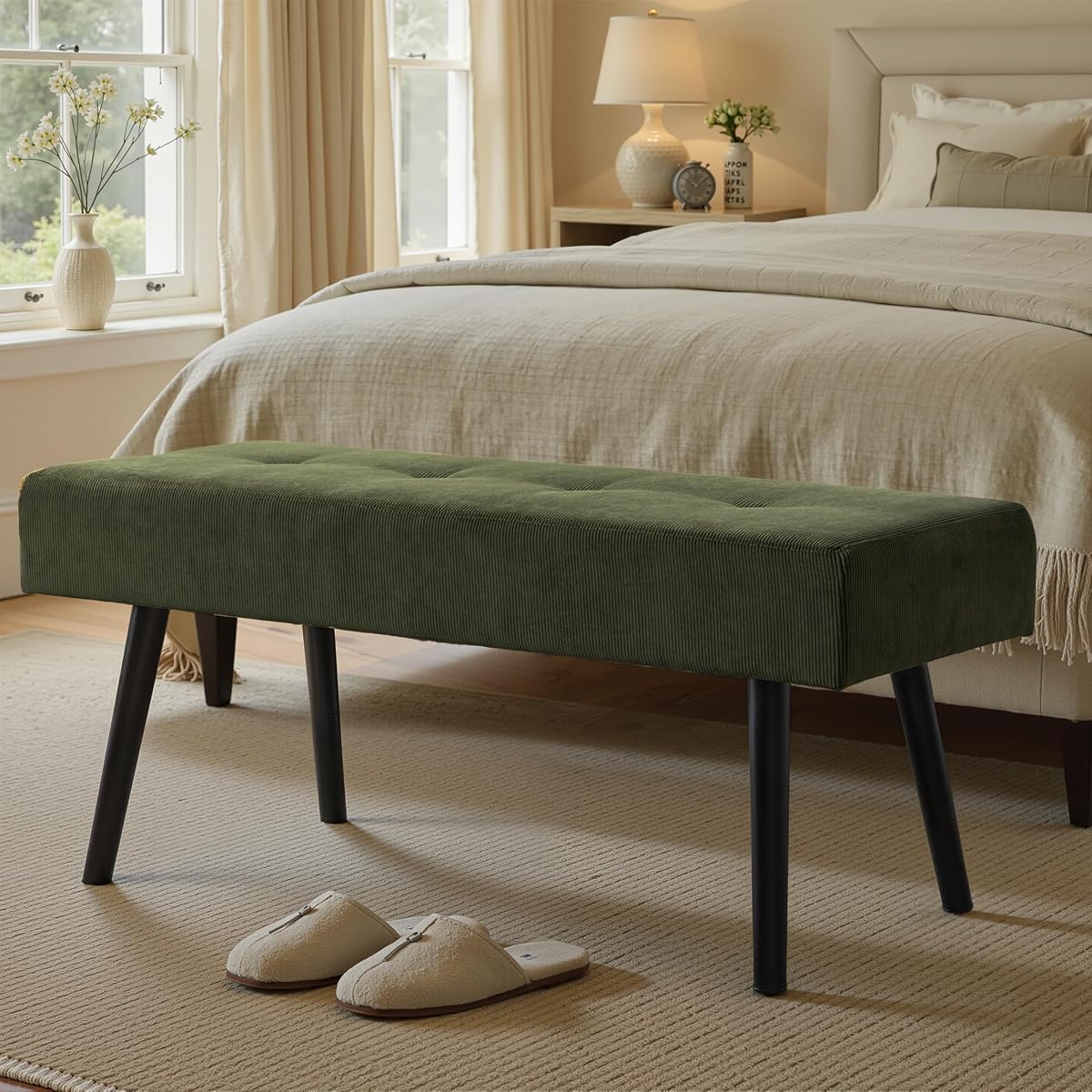 Entryway Bench - Green Bench for Bedroom, Modern Ottoman End of Bed, Corduroy Padded Benches for Living Room, Foyer, Mudroom, Hallway - 39" L x 14" W x 17" H | Corduroy Padded Benches for Living Room, Foyer, Mudroom, Hallway - 39" L x 14" W x 17" H