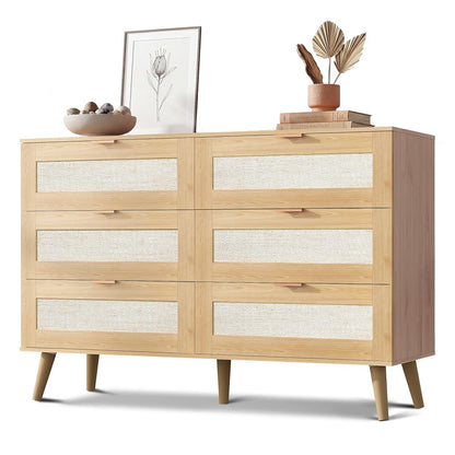 Rattan TV Stand, 6-Drawer 47.24'' Wide Boho Wood TV Console, Gold Metal Handle, TV Stand for 55 inch TV, Storage for Living Room, Office, Light Oak