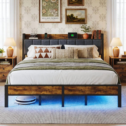 King Bed Frame with Storage Headboard and Charging Station