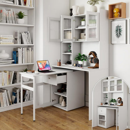 L Shaped Home Office Desks with 90° Rotating Retractable Desktop, Glass Door