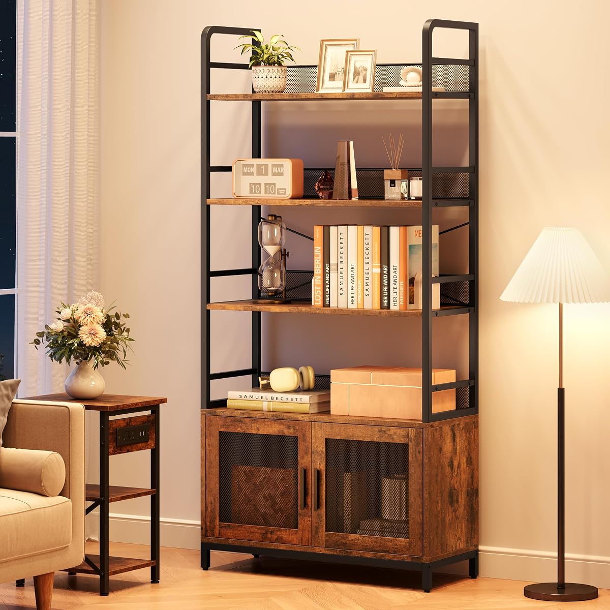 Bookshelf with Doors Industrial Bookcase with 4 Tiers Open Storage Shelf 70.87 in Tall Bookshelves Rustic Display Rack Cabinet for Bedroom, Living Room, Home Office, Brown