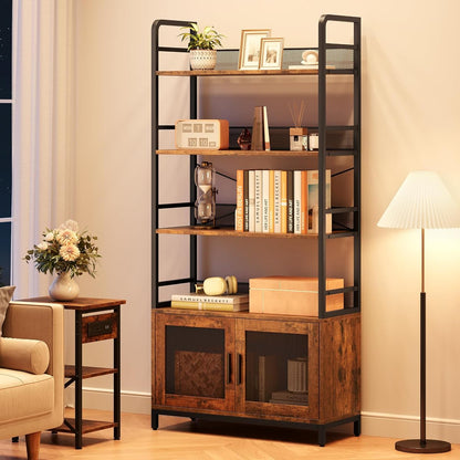Bookshelf with Doors Industrial Bookcase with 4 Tiers Open Storage Shelf 70.87 in Tall Bookshelves Rustic Display Rack Cabinet for Bedroom, Living Room, Home Office, Brown