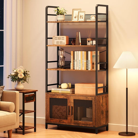 Bookshelf with Doors Industrial Bookcase with 4 Tiers Open Storage Shelf 70.87 in Tall Bookshelves Rustic Display Rack Cabinet for Bedroom, Living Room, Home Office, Brown
