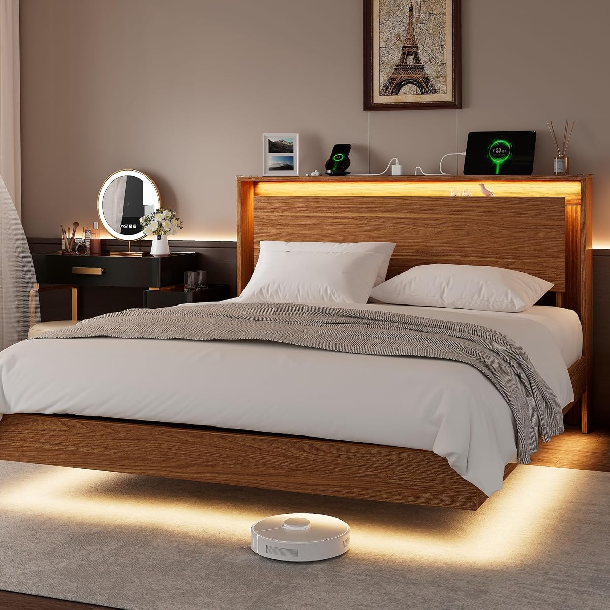 Bed Frame Queen Size with LED Lights & Charging Station – Kids Wood Floating