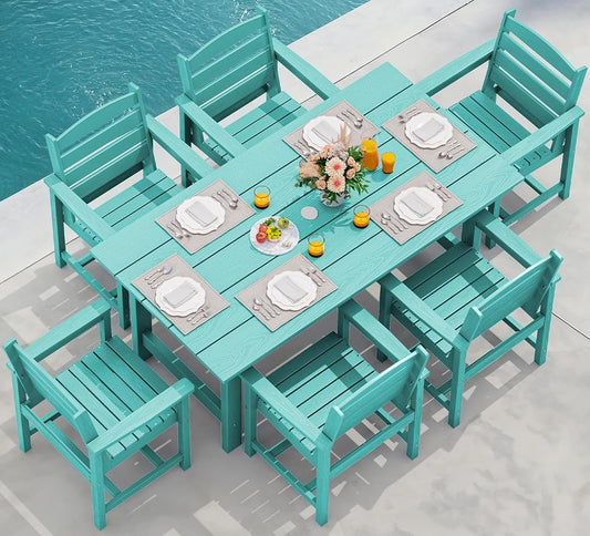 7-Piece Patio Table Set, Outdoor HDPE Dining Furniture with Umbrella Hole, All Weather Table and Chairs for Lawn, Garden, Poolside, Aruba