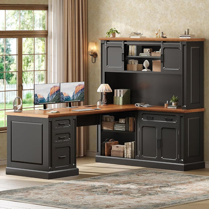 67" Farmhouse Executive L Shaped Desk with Hutch & Storage