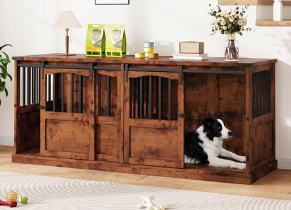 72" Double Dog Crate Furniture with Barn Sliding Doors Brown