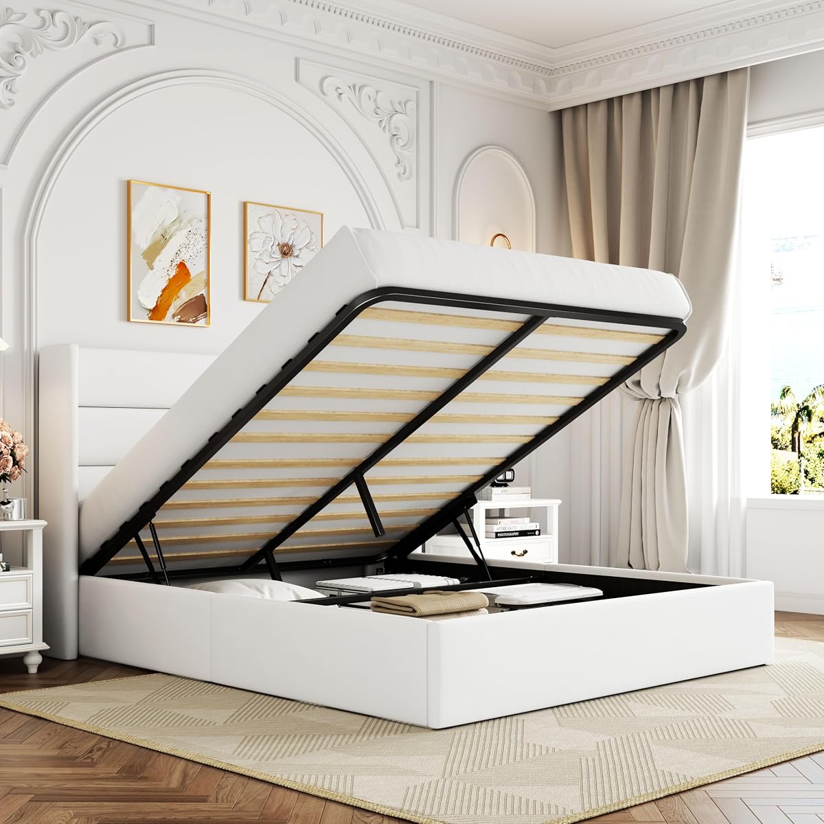 Full Size Lift Up Hydraulic Storage Bed Frame White