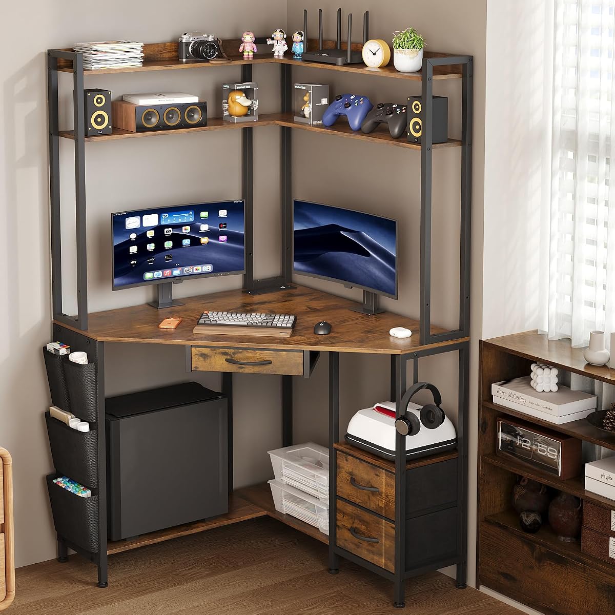 Corner Desk with Drawers Shelves, Office Desk with Hutch