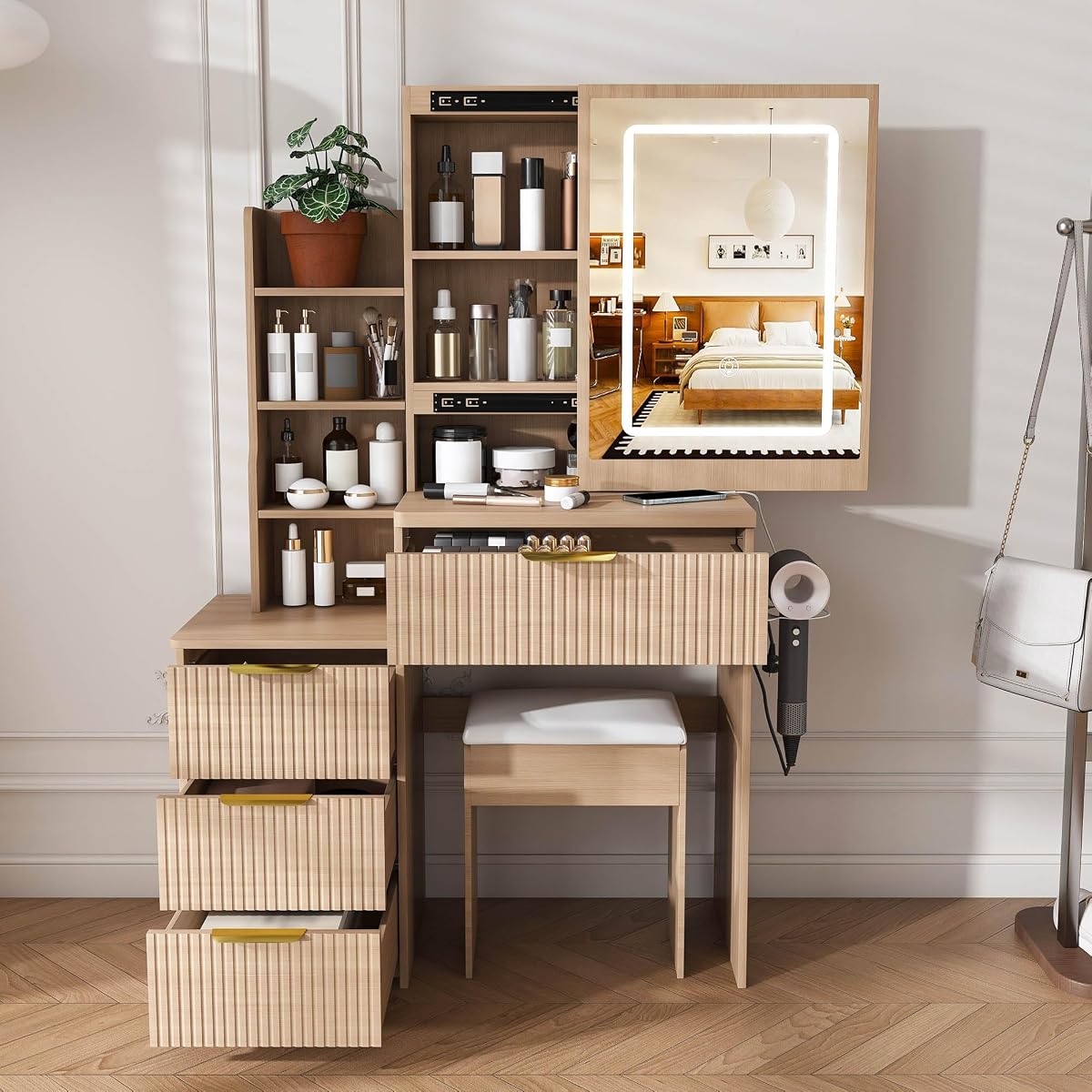 Fluted Makeup Vanity, Small Vanity Desk with Mirror and Lights, Charging Station