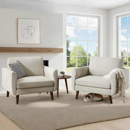 Oversized Accent Chair for Living Room, 37" Mid-Century Modern Comfy Reading Chair, Linen Fabric Solid Wood Frame Armchair, Upholstered Oatmeal Bedroom Accent Chairs Set of 2 for Adults