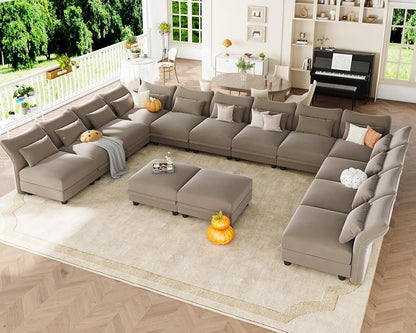 Sectional Couch Convertible Oversize U Shaped Modular Sectional Sofa with Storage Easy Clean Anti-Scratch 14 Seat Velvet Sectional for Living Room, Brown