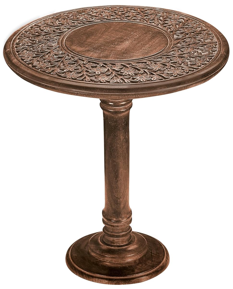 Wooden End Table for Living Room - 18x22 Burnt Finish Carved Side Table, Single Pillar Nightstand, Bedside Table for Books, Plants, Magazines, Small Space Accent Table