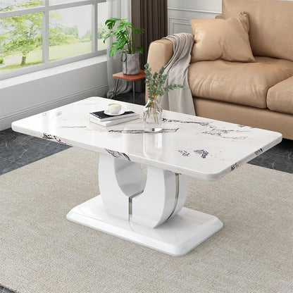 43 Inch Modern Minimalist Faux Marble Top Coffee Table, Rectangular Contemporary MDF Center Table for Living Room, Sculptural Pedestal Base Design, Easy Assembly