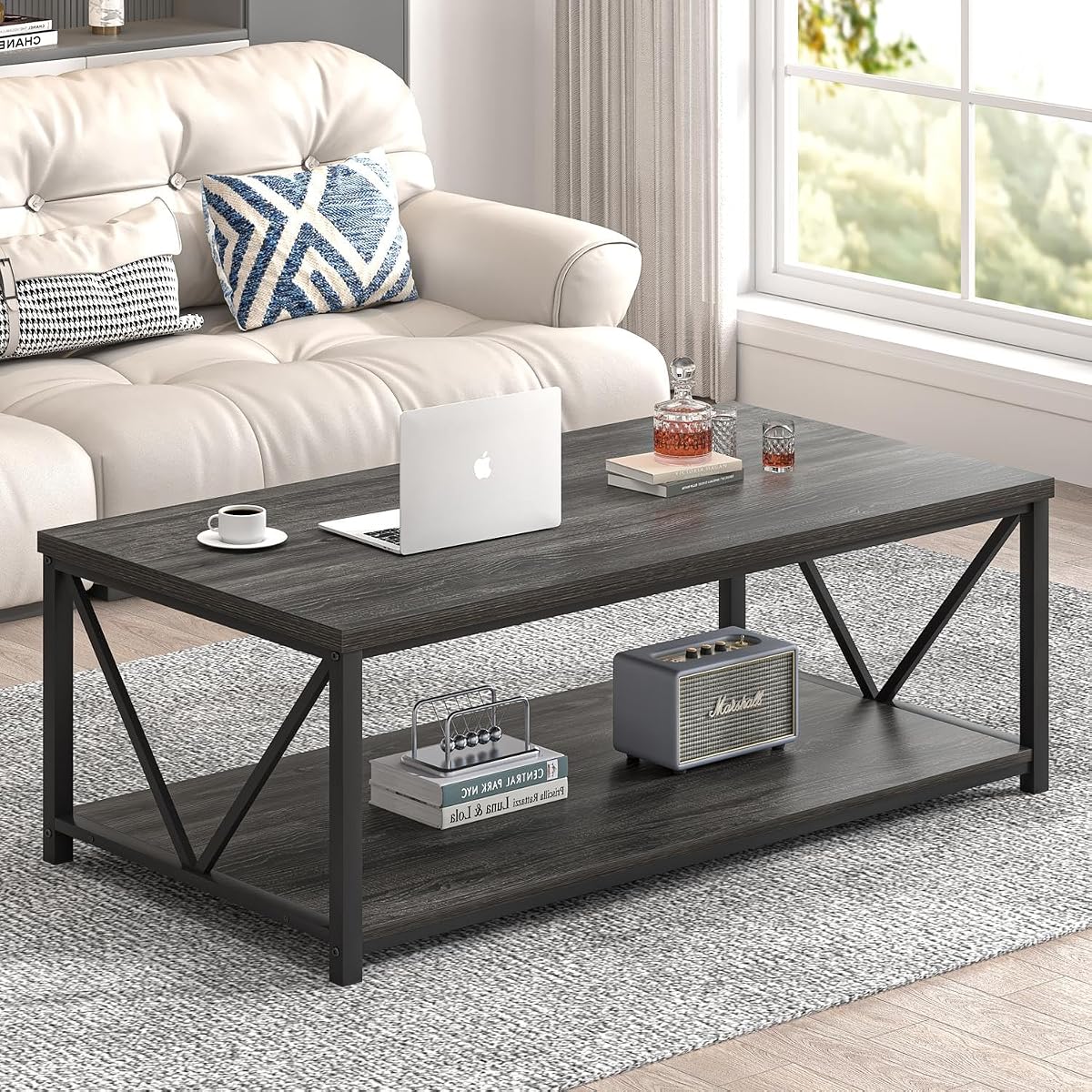 Industrial Coffee Table with Storage Shelf, Modern Rustic Wooden and Metal Rectangle Center Table for Living Room, Dark Gray, 47 Inch