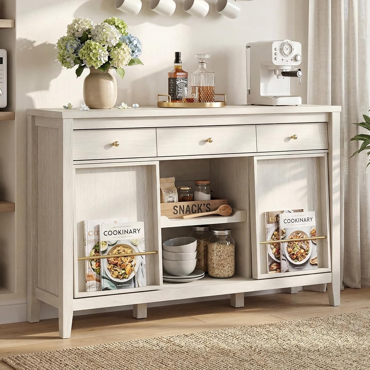 Buffet Cabinet with Storage, Modern Sideboard Cabinet with 3 Drawers, 2 Sliding Doors & Pull-Out Shelf, Coffee Bar Cabinet with Charging Station, White