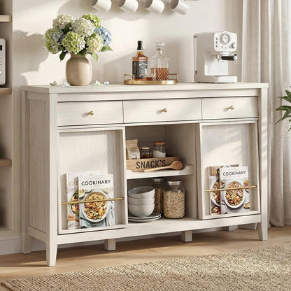 Buffet Cabinet with Storage, Modern Sideboard Cabinet with 3 Drawers, 2 Sliding Doors & Pull-Out Shelf, Coffee Bar Cabinet with Charging Station, White