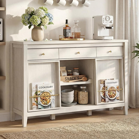Buffet Cabinet with Storage, Modern Sideboard Cabinet with 3 Drawers, 2 Sliding Doors & Pull-Out Shelf, Coffee Bar Cabinet with Charging Station, White