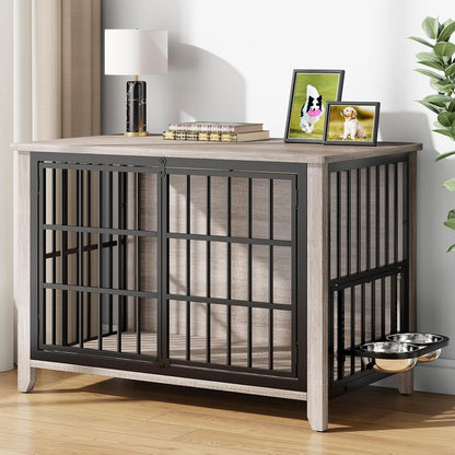 37.7" Wooden Dog Crate Furniture for Medium Dogs, Grey