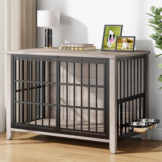 37.7" Wooden Dog Crate Furniture for Medium Dogs, Grey